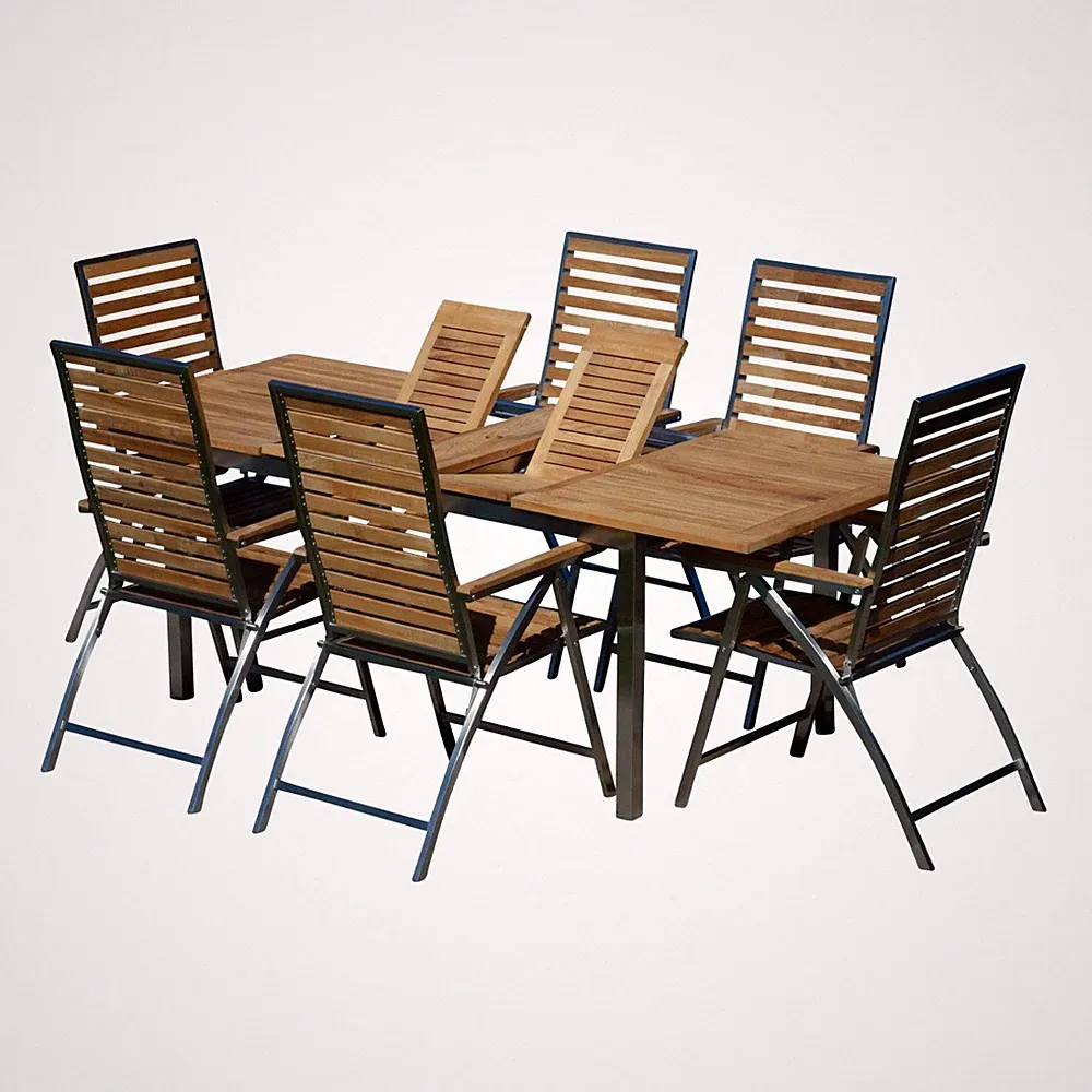 Gartengarnitur Edelstahl Teak Set Tisch 160/220 x 90 cm + 6 Hochlehner Teak Holz