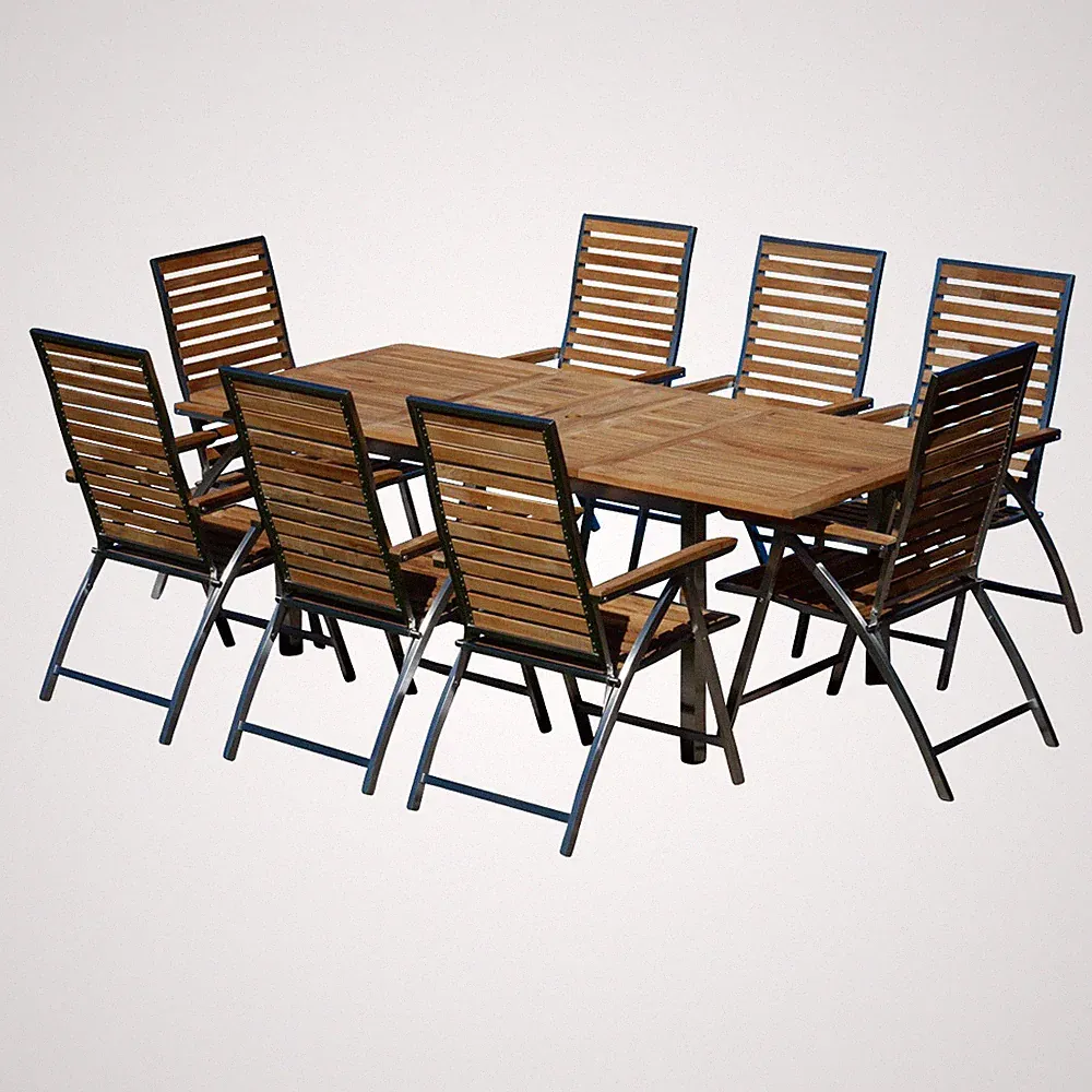 Gartengarnitur Edelstahl Teak Set Tisch 160/220 x 90 cm + 8 Hochlehner Teak Holz