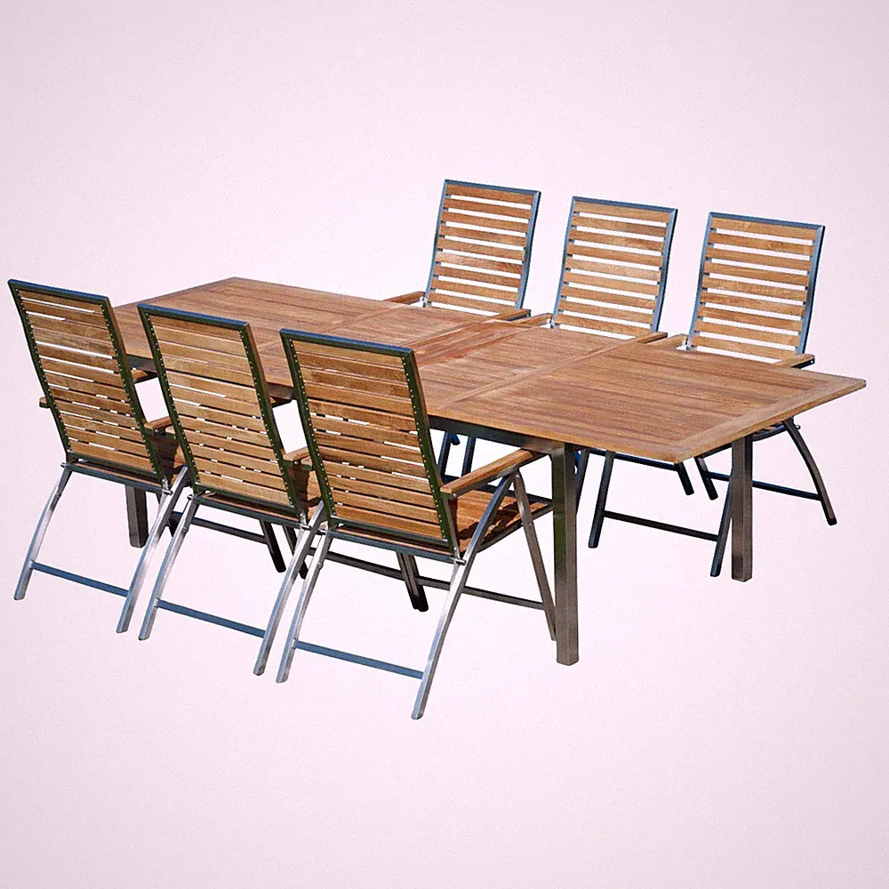 Gartengarnitur Edelstahl Teak Set Tisch 200/280 x100 cm + 6 Hochlehner Teak Holz