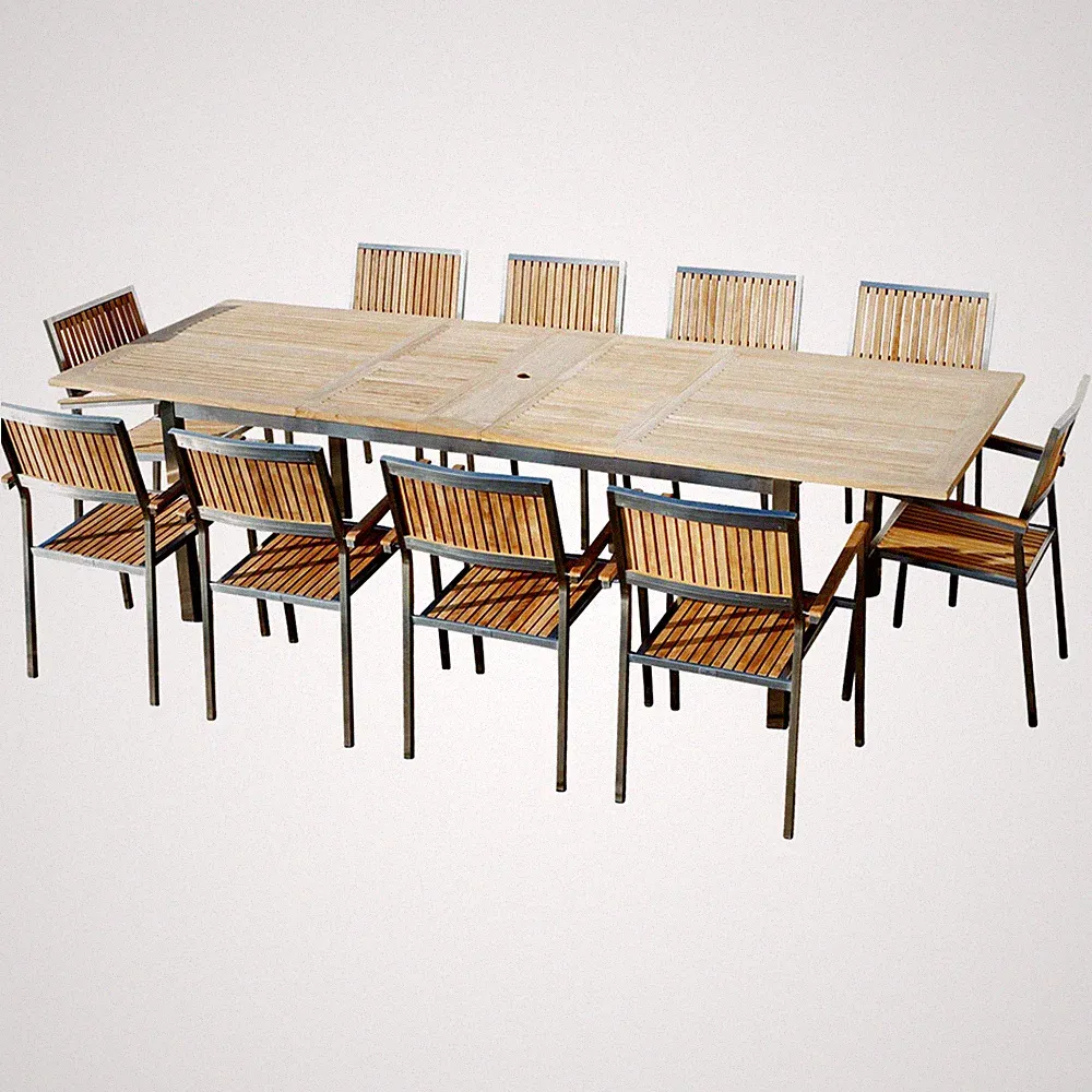 Gartengarnitur Edelstahl Teak Set: Tisch 200-280x100 cm + 10 Teak Sessel KUBA