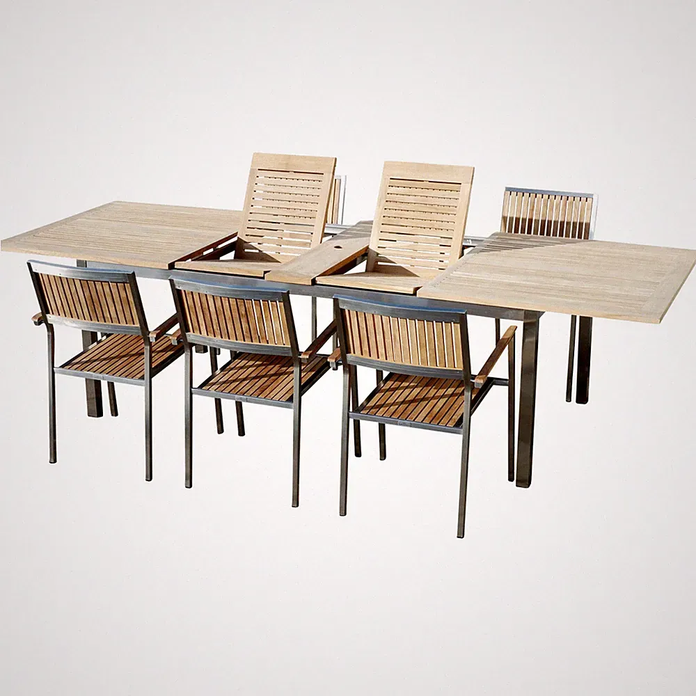 Gartengarnitur Edelstahl Teak Set: Tisch 200-280x100 cm + 6 Teak Sessel KUBA