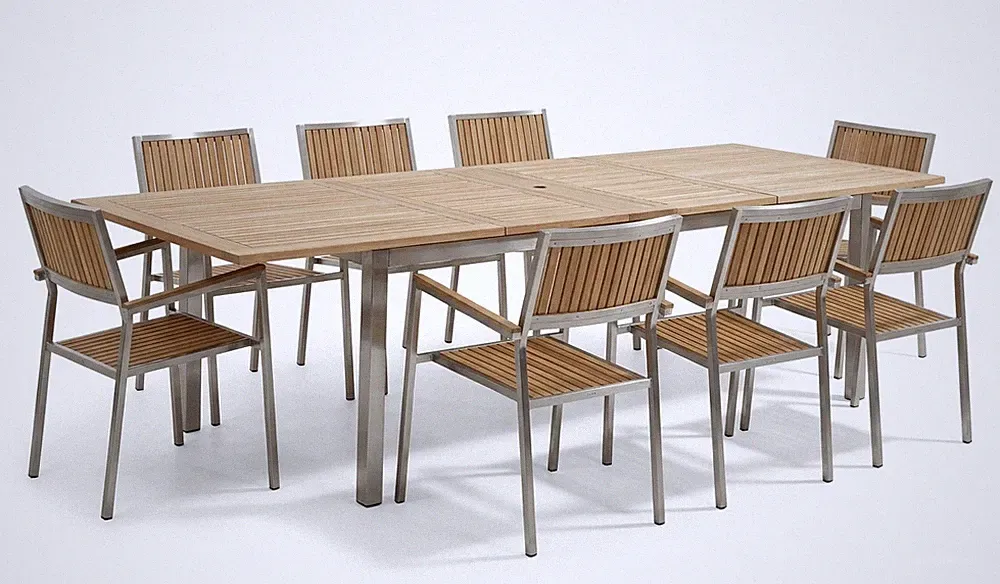 Gartengarnitur Edelstahl Teak Set: Tisch 200-280x100 cm + 8 Teak Sessel KUBA