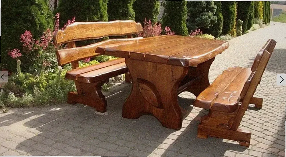 Gartenmöbel Massivholz Rustikal | Sitzgruppe, Tisch aus Eich, Hollywoodschaukel