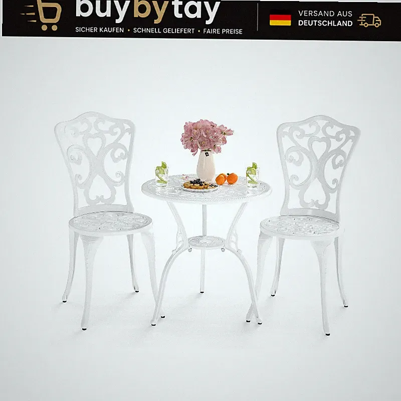 Gartenmöbel Set 3-tlg. Bistrotisch mit 2 Stühlen Wetterfest Aluminiumguss Weiß