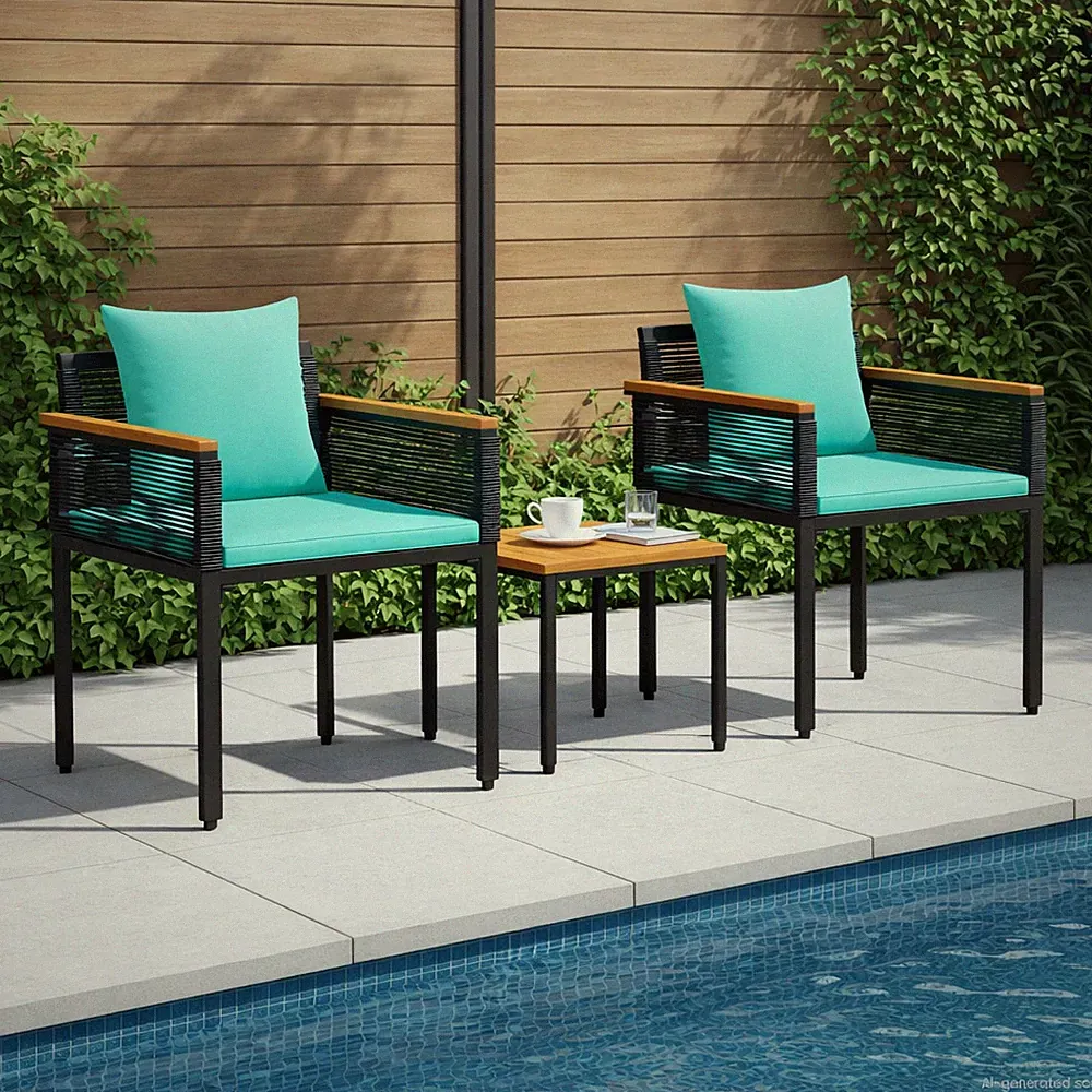 Gartenmöbel Set 3tlg Poly Rattan Schwarz Türkis Balkonmöbel Lounge mit Kissen