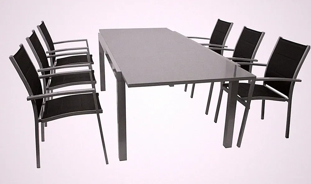 Gartenmöbel Set 7-tlg. Aluminium Schwarz Ausziehtisch Stapelsessel Outdoor