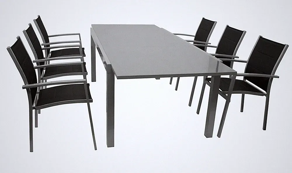 Gartenmöbel Set 7-tlg. Aluminium Schwarz Ausziehtisch Stapelsessel Outdoor