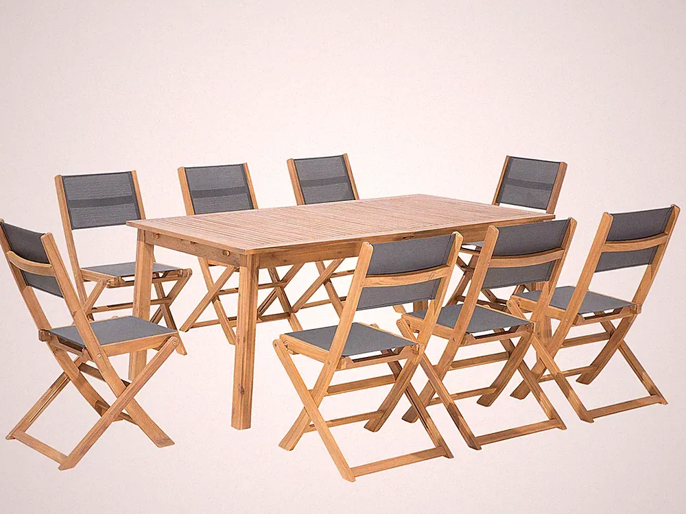 Gartenmöbel Set 9-teilig Tisch mit 8 Klappstühlen Akazienholz hellbraun Cesana