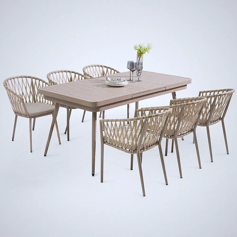 Gartenmöbel Set champagner/beige 1 Esstisch ausziehbar und 6 Stühle mit Rope