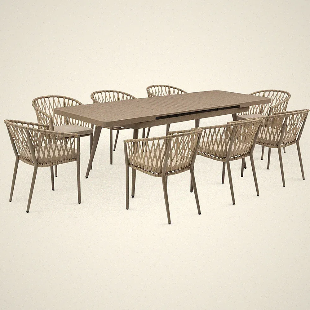 Gartenmöbel Set champagner/beige 1 Esstisch ausziehbar und 8 Stühlen mit Rope