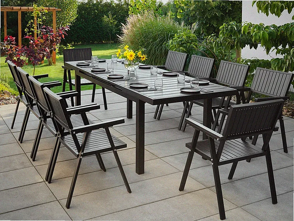 Gartenmöbel Set mit 10 Stühlen Outdoor Essgruppe Sitzgruppe Schwarz Ausziehbar