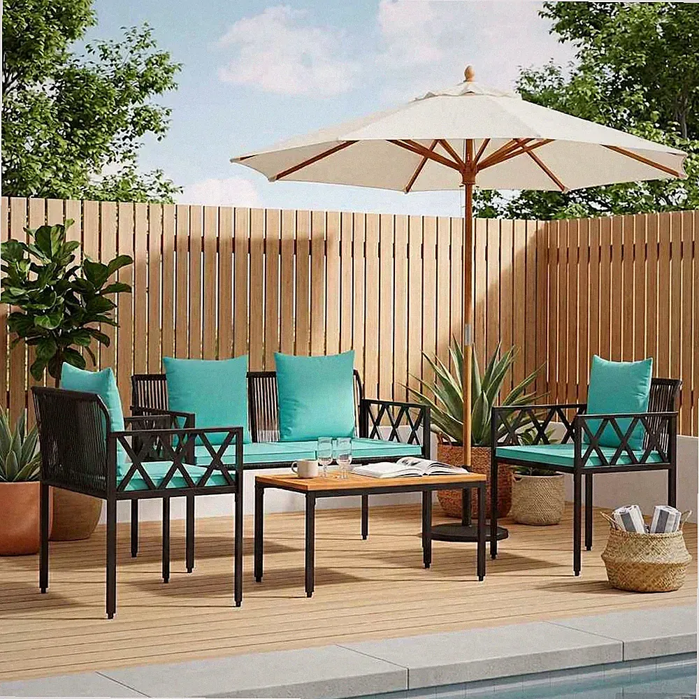 Gartenmöbel-Set mit Kissen Poly-Rattan Tisch aus Akazienholz Abnehmbare vidaXL