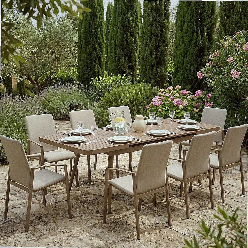 Gartenmöbel Set Outdoor Tisch 150-200x90 cm ausziehbar mit 8 Stühlen Champagner