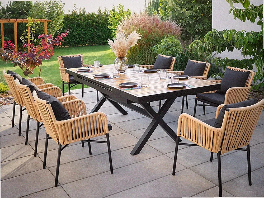 Gartenmöbel-Set – Schnurgeflecht, ausziehbarer Gartentisch 180-240 cm + 8 Stühle