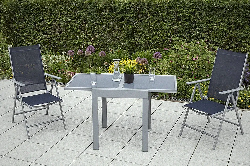 Gartenmöbel Set Sitzgruppe 2 Klappsessel mit Tisch Balkontisch ausziehbar Grau