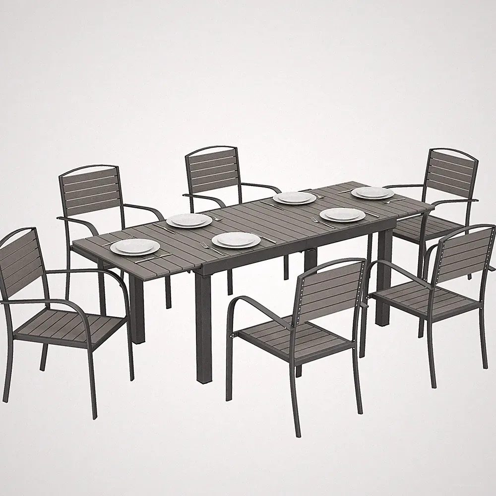 Gartenmöbel Set Sitzgruppe 7-teilig Ausziehbar Tisch mit 6 Stühlen Holzoptik
