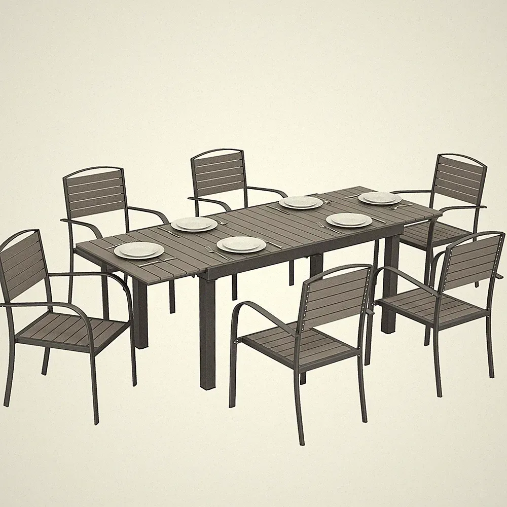 Gartenmöbel Set Sitzgruppe 7-teilig Ausziehbar Tisch mit 6 Stühlen Holzoptik