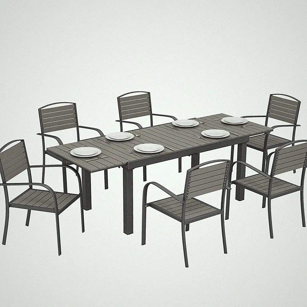 Gartenmöbel Set Sitzgruppe 7-teilig Ausziehbar Tisch mit 6 Stühlen Holzoptik