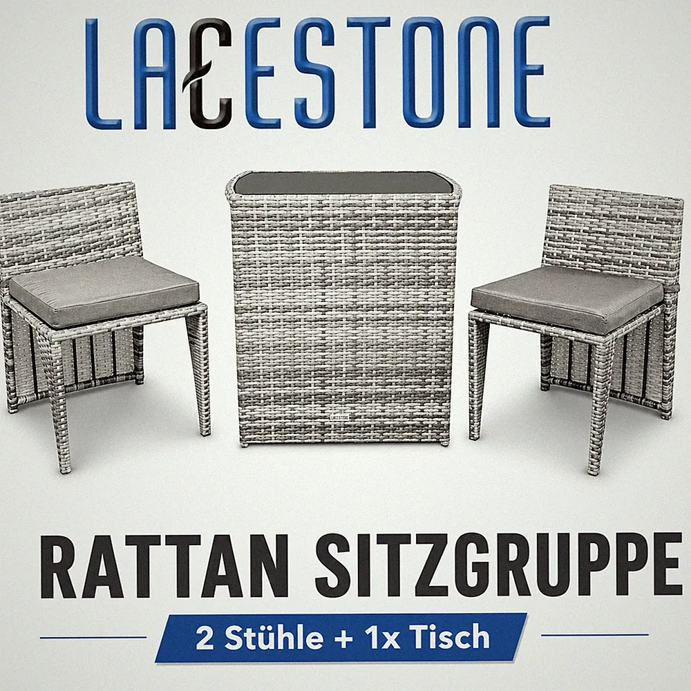 Gartenmöbel Sitzgruppe Terrassenmöbel für Balkon Rattan 3tlg Grau Lacestone
