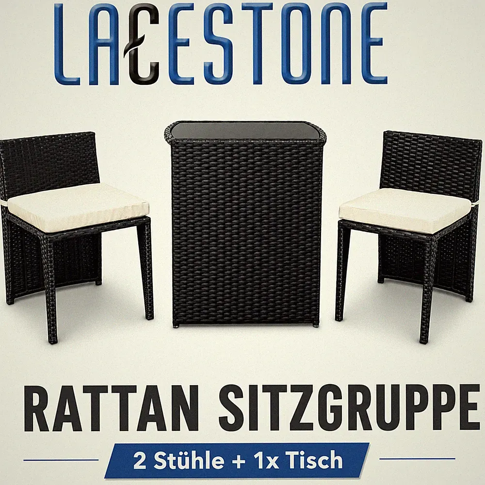Gartenmöbel Sitzgruppe Terrassenmöbel für Balkon Rattan 3tlg Schwarz Lacestone