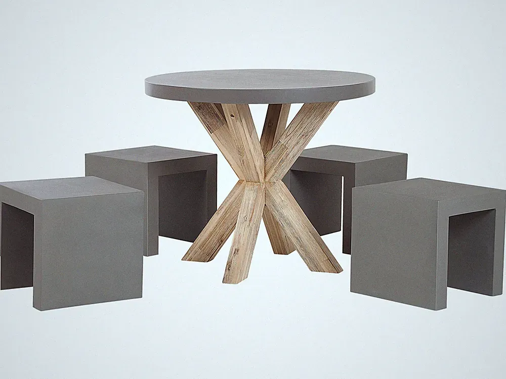 Gartenset Tisch 200x100 cm 8 Hocker Betonplatte Akazienholz Rustikal grau Olbia