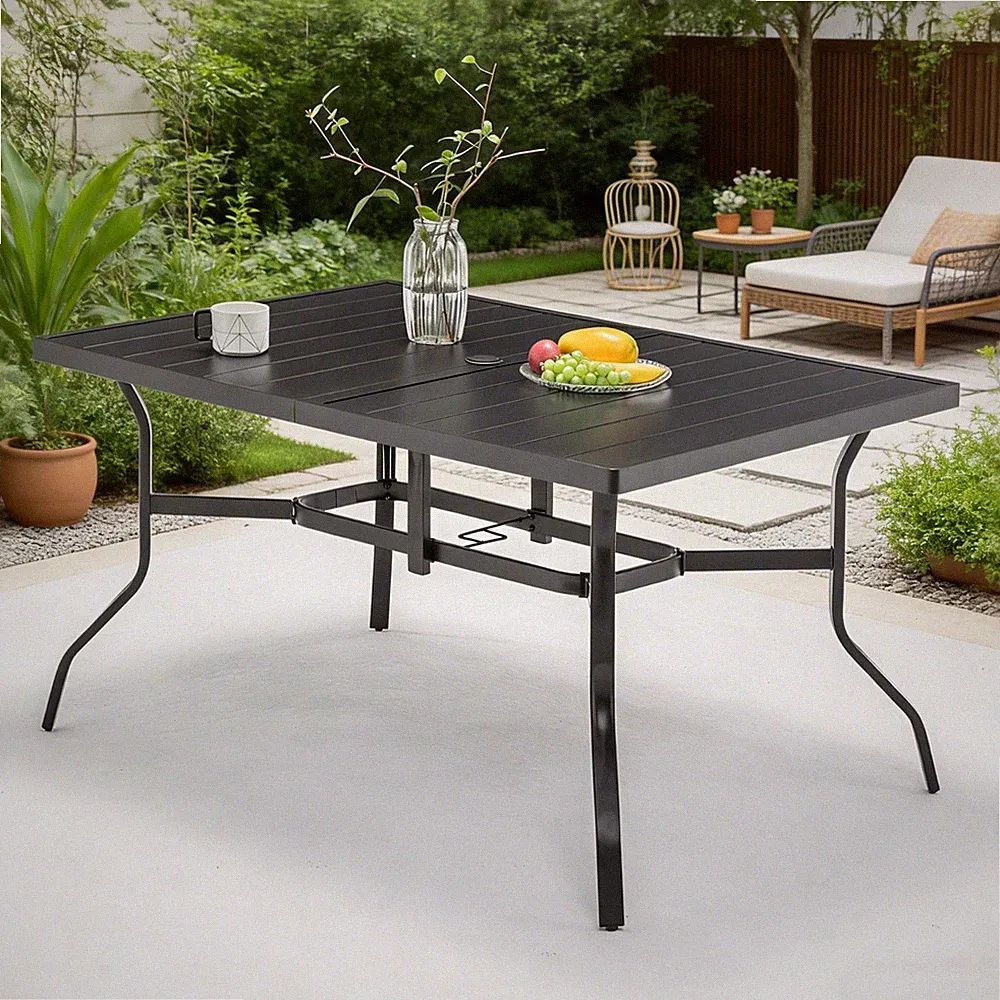 Gartentisch 144x94cm Wetterfest Metall 6 Personen Mit Sonnenschirmloch Terrasse
