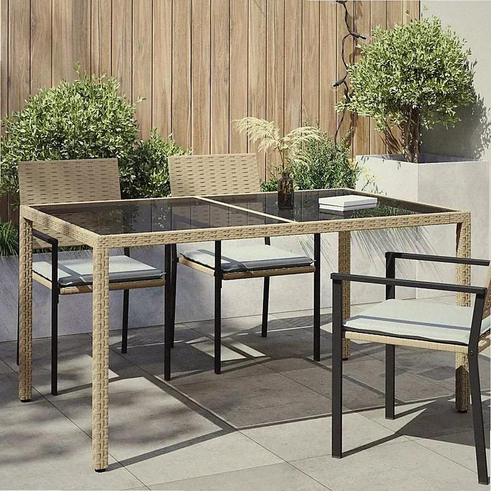Gartentisch 150x90x75 Cm Gehärtetes Glas Poly Rattan Beige