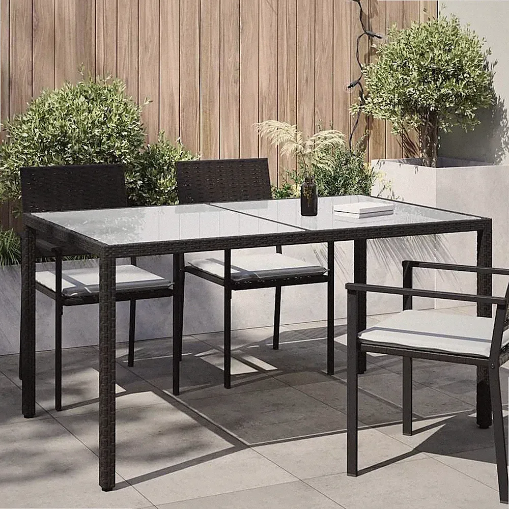 Gartentisch 150x90x75 cm Gehärtetes Glas Poly Rattan Schwarz
