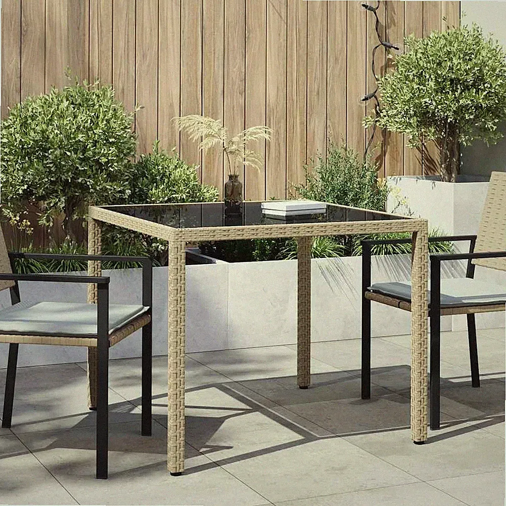 Gartentisch 90x90x75 Cm Gehärtetes Glas Poly Rattan Beige
