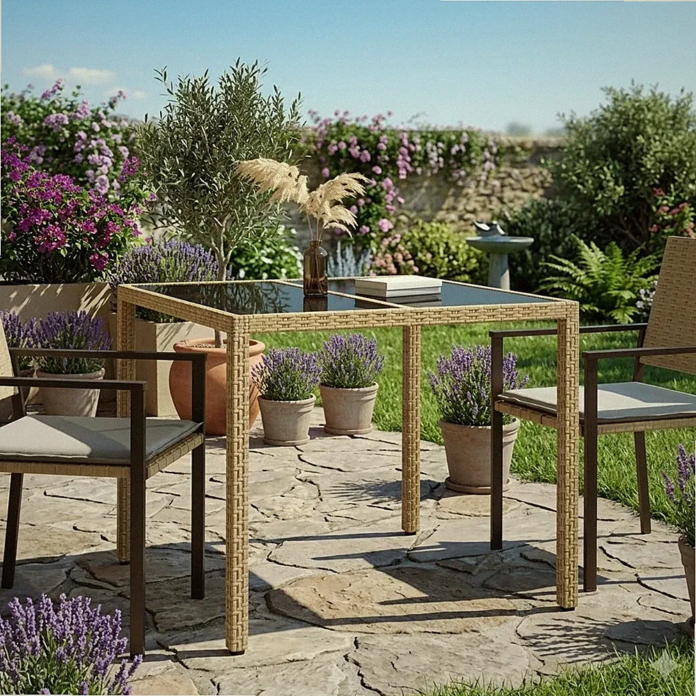 Gartentisch aus Poly Rattan mit gehärtetem Glas - 90x90x75 cm