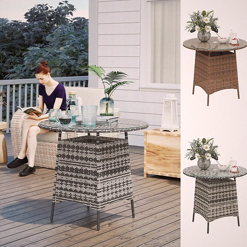 Gartentisch aus Rattan aus Korbgeflecht mit Schirmloch und Hartglasplatte