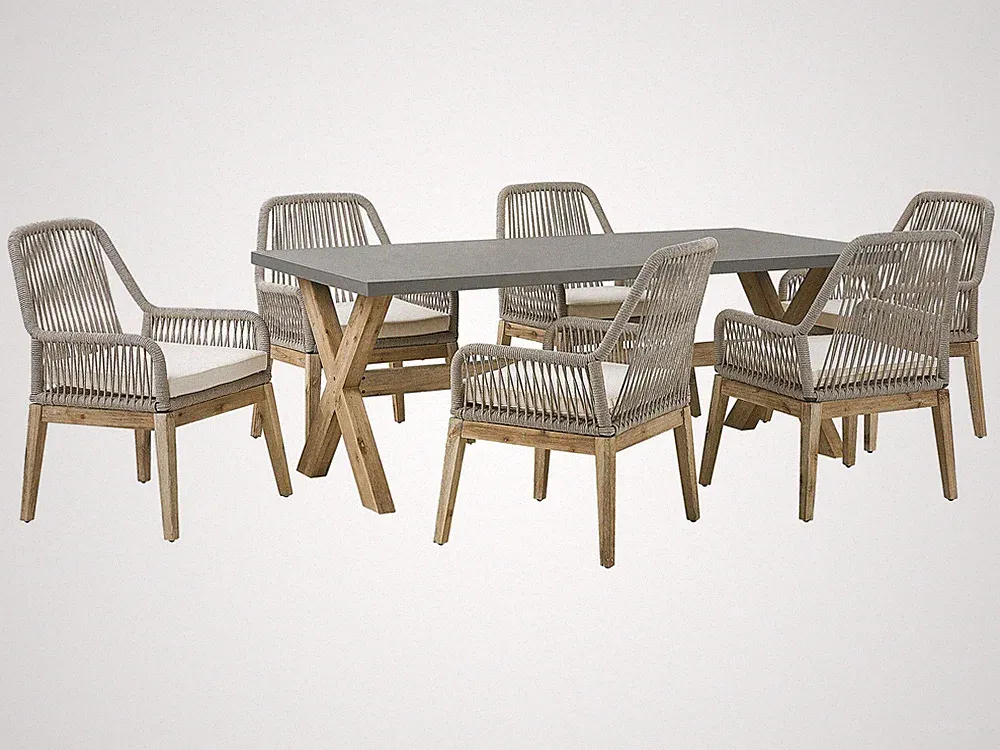 Gartentisch aus robustem Faserzement grau mit 6 Geflecht-Stühlen beige Olbia