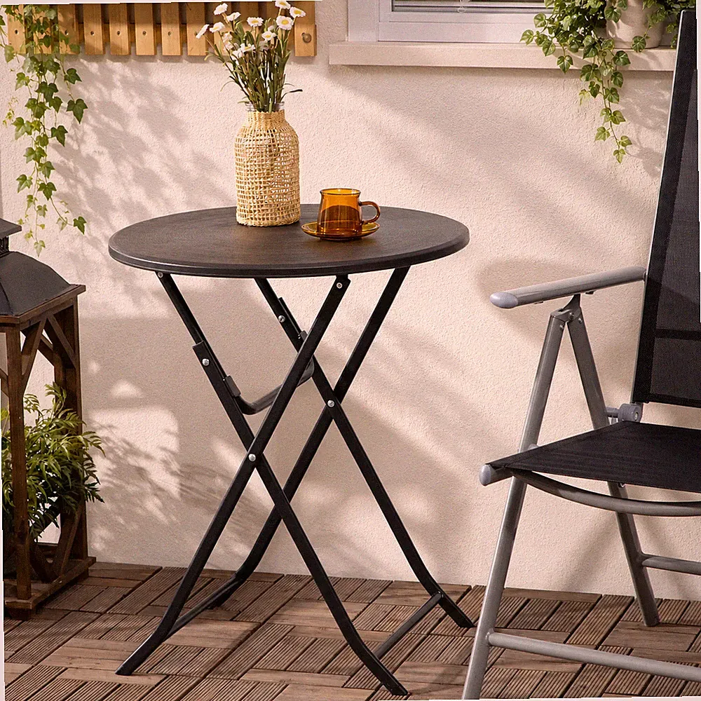 Gartentisch Balkontisch Klapptisch Rund 2 Personen Holzoptik Dunkelgrau 60 cm