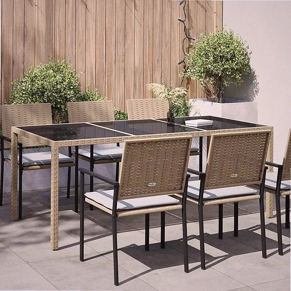 Gartentisch Beige 190x90x75 Cm Gehärtetes Glas Und Poly Rattan