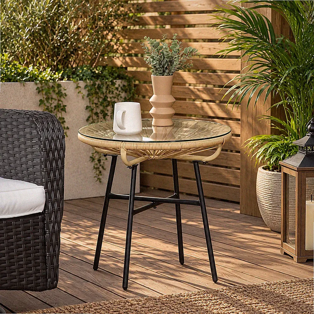 Gartentisch Beistelltisch Rattan Tisch Outdoor Gartenmöbel Boho Glas 50x50cm