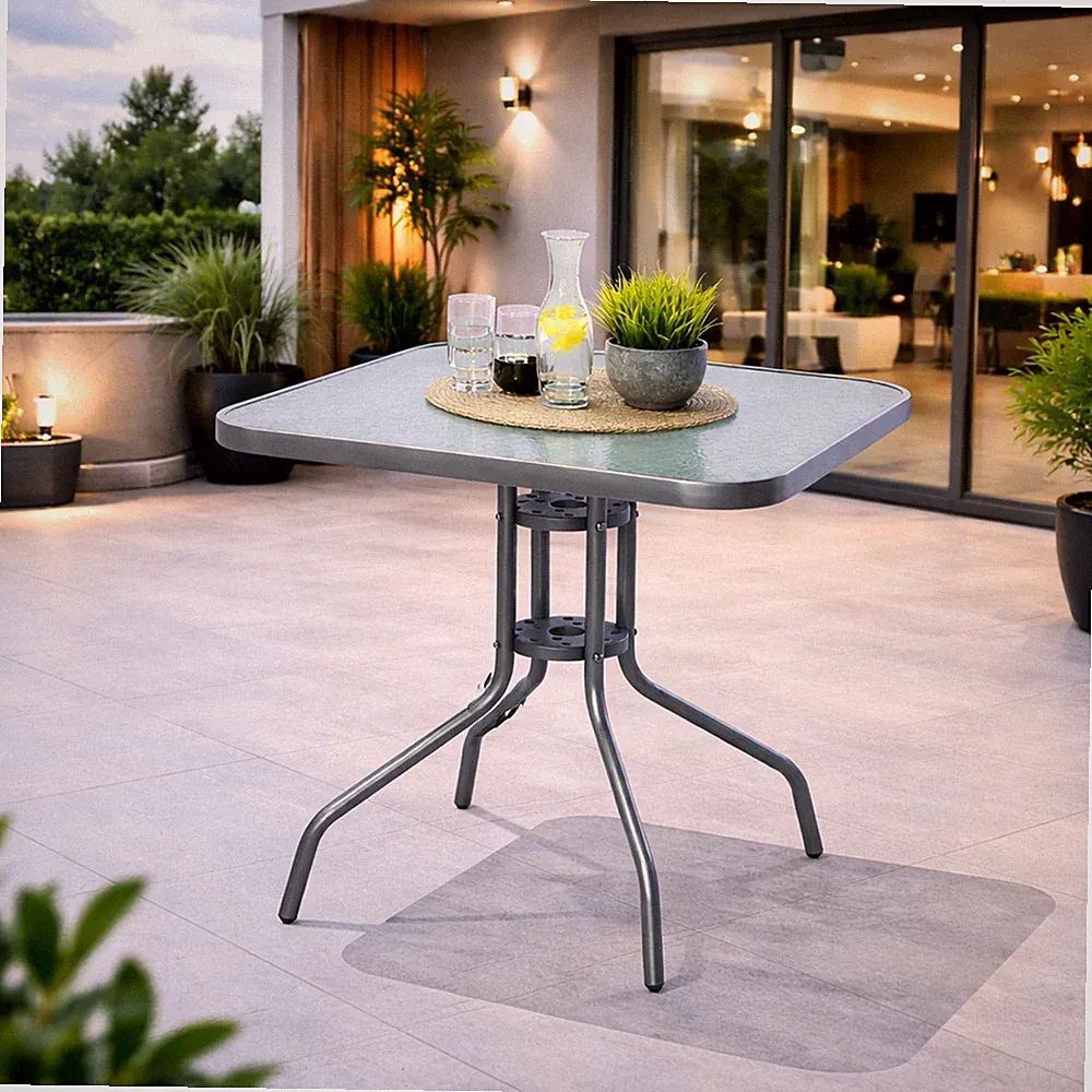 Gartentisch Bistrotisch Eckig Glas Metall Silber Balkontisch Glastisch B60xH70cm