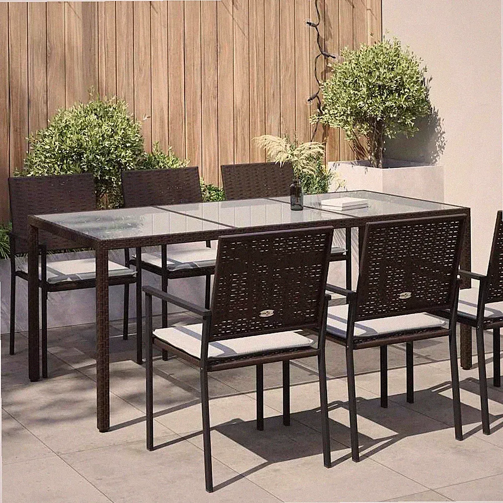 Gartentisch Braun 190x90x75 Cm Gehärtetes Glas Und Poly Rattan