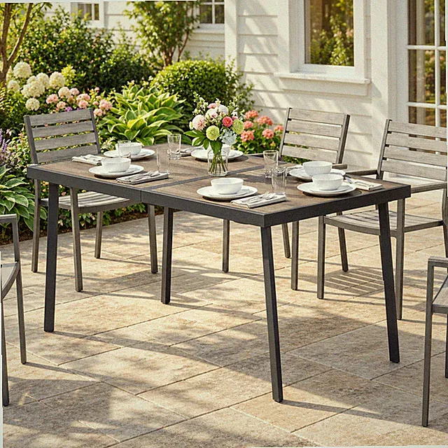 Gartentisch Esstisch 6 Personen Metallrahmen Holzoptik Wetterfest Grau 145cm