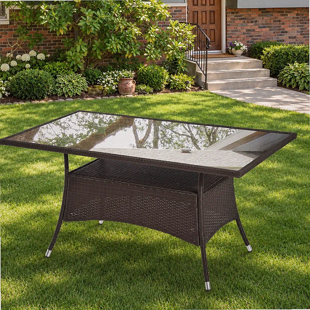 Gartentisch Esstisch Glastisch Polyrattan Rattan Gartenmöbel Braun 150 x 85 cm