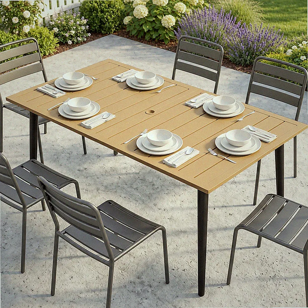 Gartentisch Esstisch Terrassentisch Stahl Schirmloch Wetterfest Braun 150x90cm