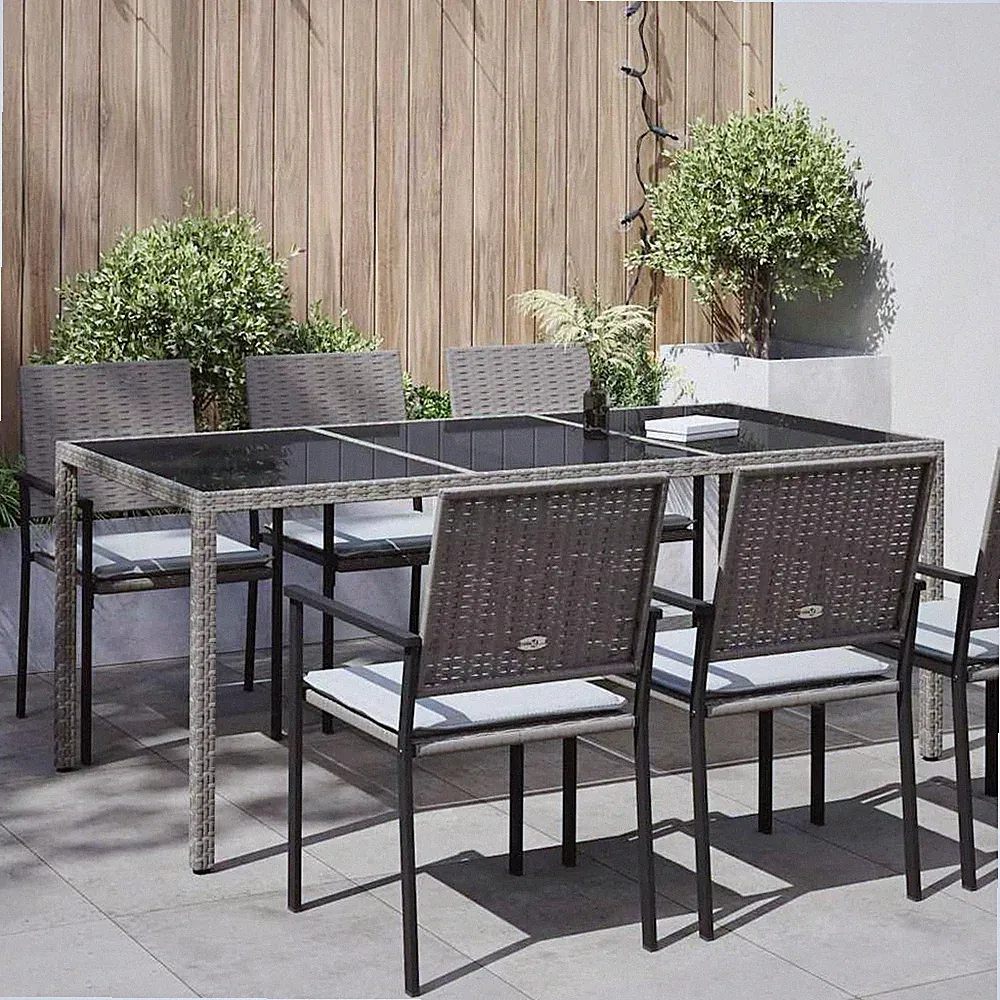 Gartentisch Grau 190x90x75 Cm Gehärtetes Glas Und Poly Rattan
