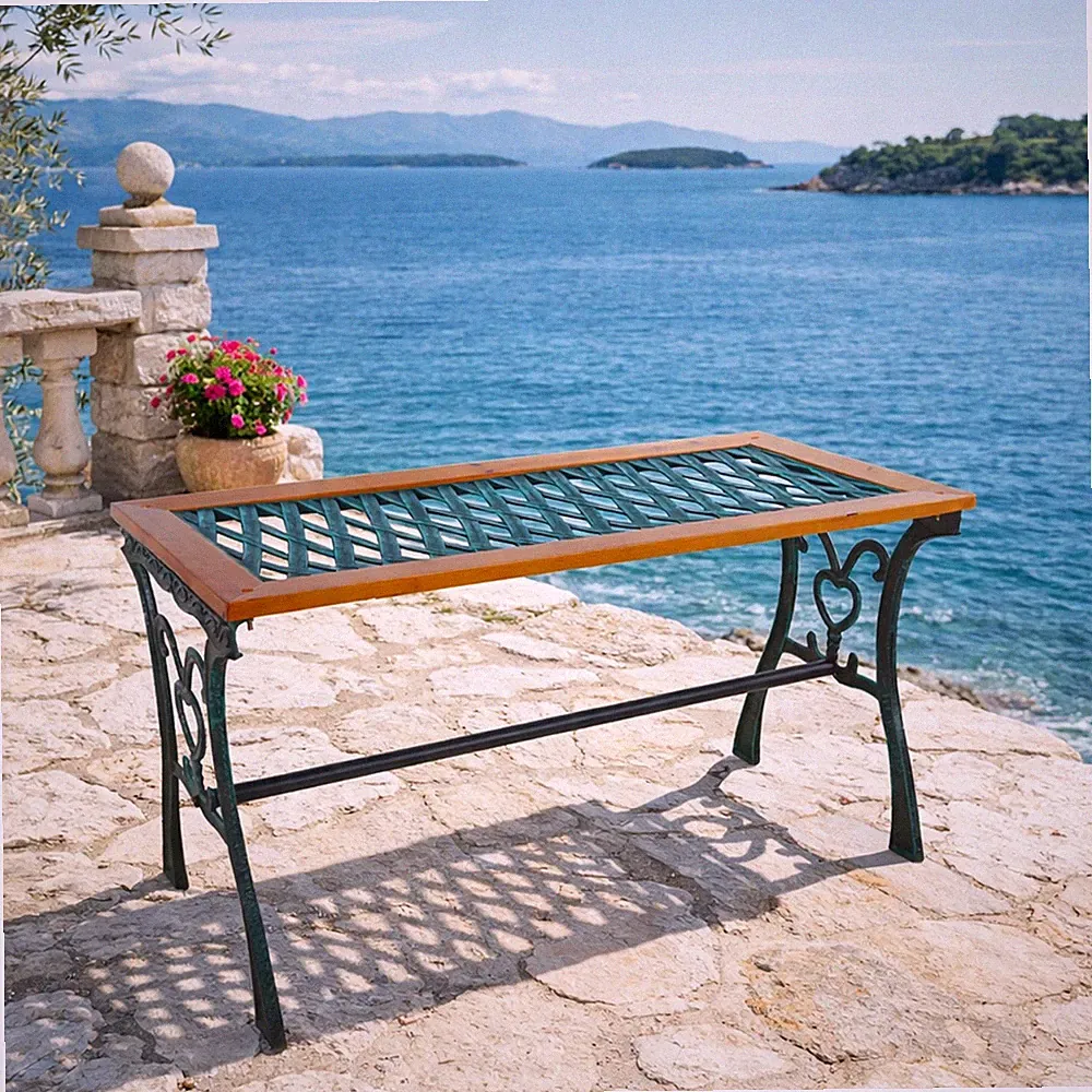 Gartentisch Gusseisen Outdoortisch Metalltisch Holz Glasplatte Natur 98x46xH56cm