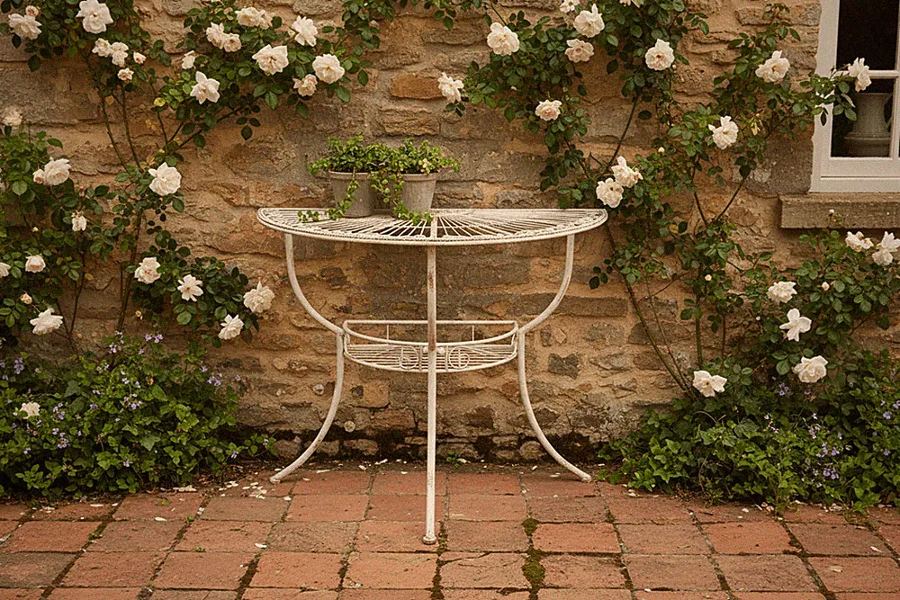 Gartentisch halbrund aus Eisen mit Ablage, Shabby Chic Balkontisch in Weiß