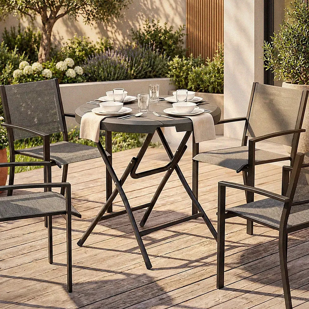 Gartentisch Klapptisch Rund 4 Personen Holzoptik Stahl Dunkelgrau 80 x 80 cm