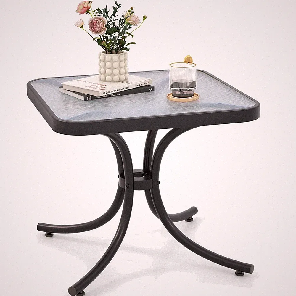 Gartentisch Metall 50cm Beistelltisch Outdoor Schwarz mit Glasplatte wetterfest