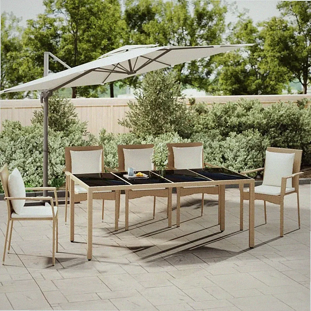 Gartentisch Mit Glasplatte Beige Poly Rattan & Hartglas