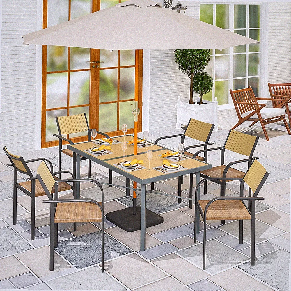 Gartentisch, Outdoor Terrassen Esstisch mit 5 cm Schirmloch, Platte in Holzoptik