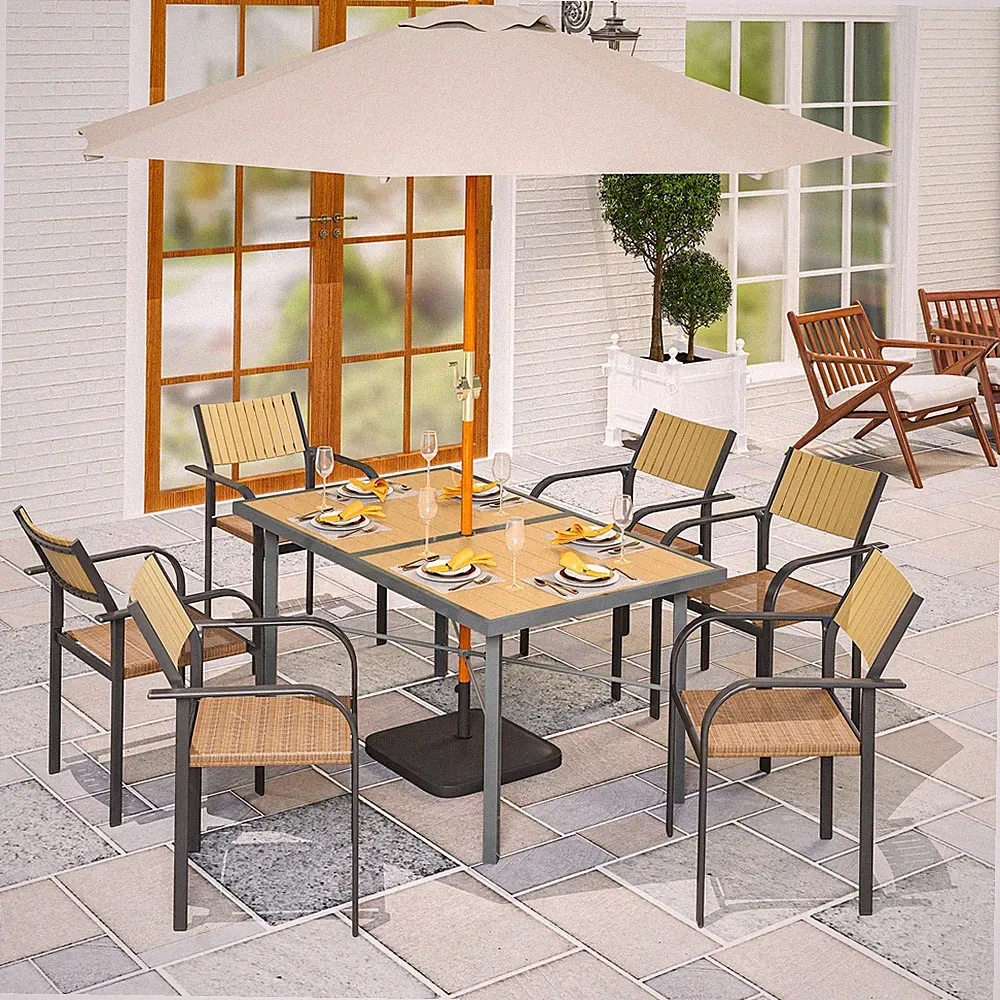 Gartentisch, Outdoor Terrassen Esstisch mit 5 cm Schirmloch, Platte in Holzoptik