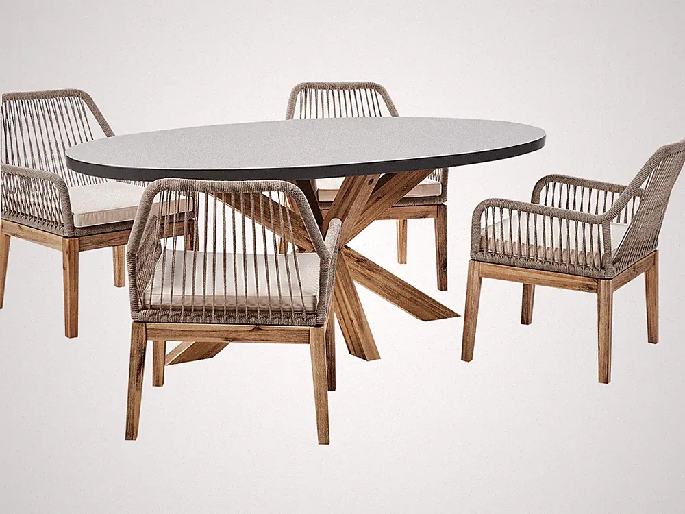 Gartentisch oval Faserzement grau mit 4 Geflecht-Stühlen beige Oristano/Olbia