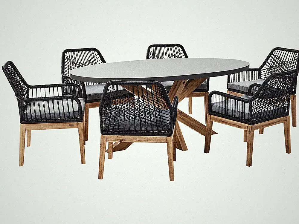 Gartentisch oval Faserzement grau mit 6 Geflecht-Stühlen schwarz Oristano/Olbia